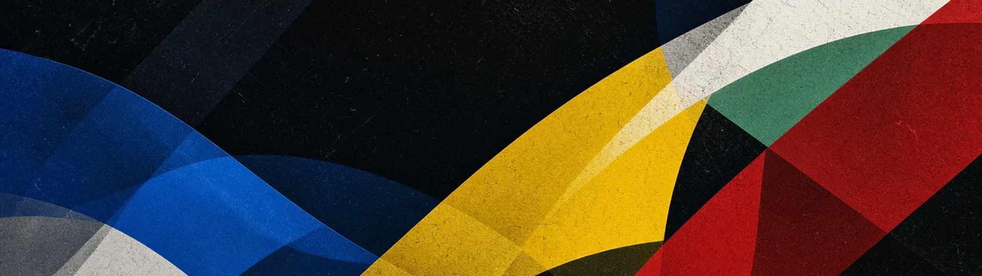 Abstract band of overlapping blue, yellow, green, and red curves